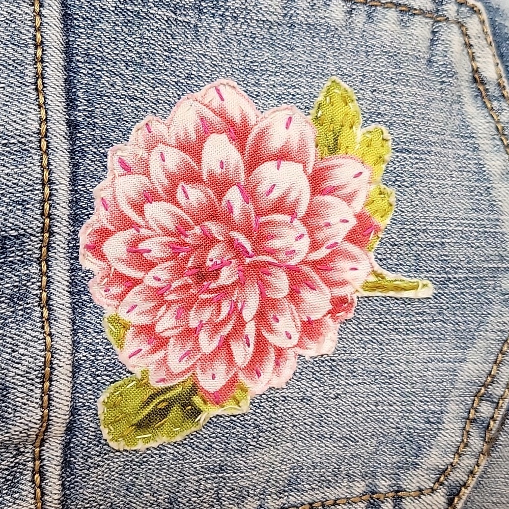 HAND CRAFTED Jeans UPCYCLED Blue Denim Patchwork Bird Floral Applique Size 6 - Picture 6 of 17